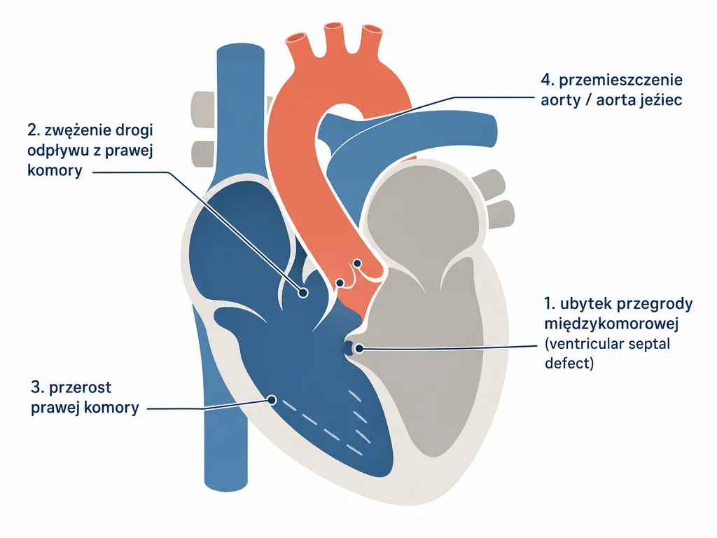 Diagram anatomiczny serca przedstawiajacy cztery skladowe zespolu Fallota