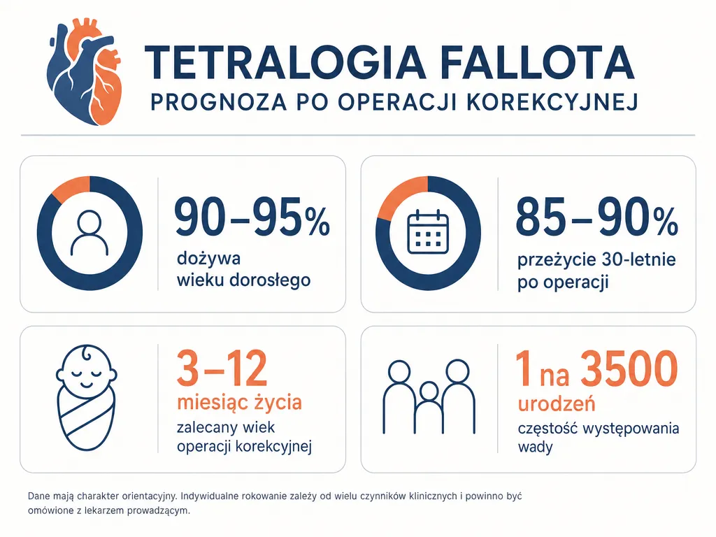 Infografika przedstawiajaca wskazniki przezycia po operacji zespolu Fallota
