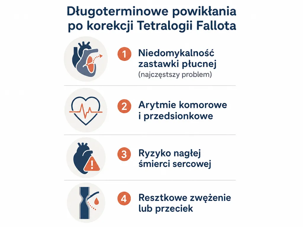 Wizualna lista czterech najczestszych powiklan odleglych po operacji zespolu Fallota