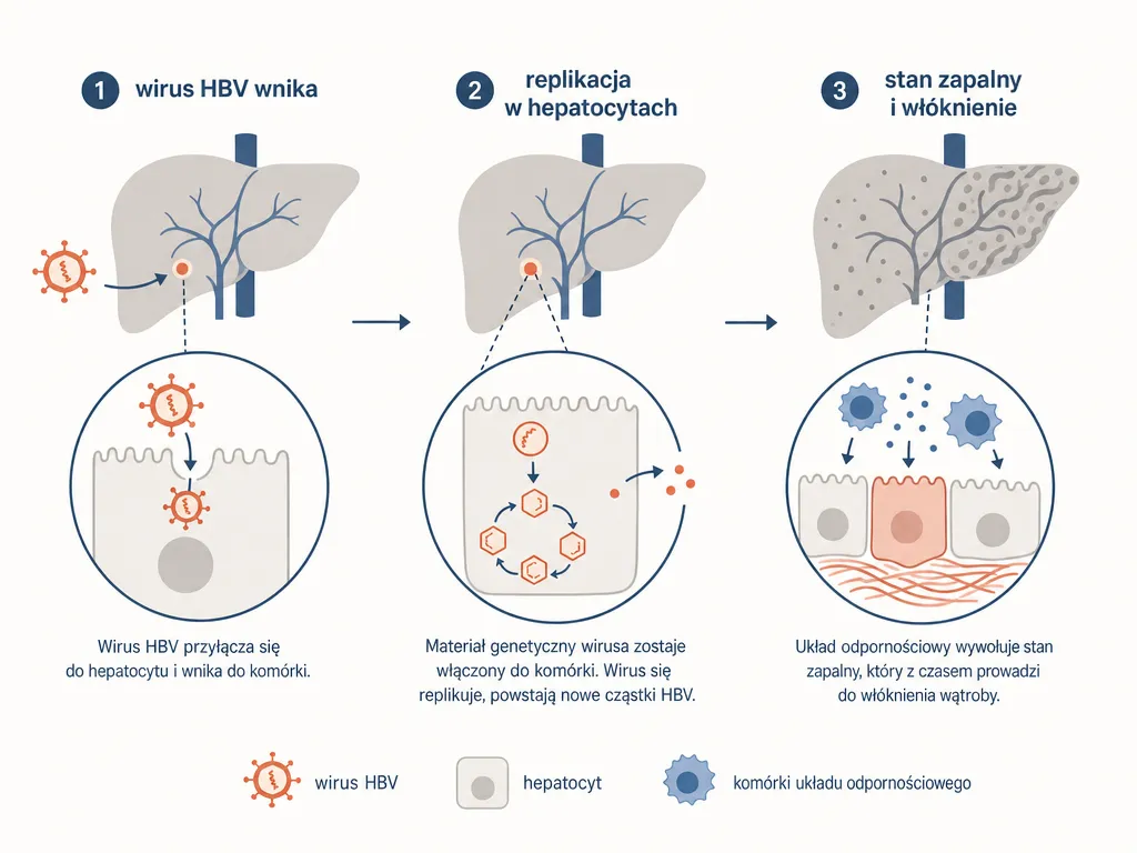 Diagram pokazujący jak wirus HBV atakuje hepatocyty i wywołuje stan zapalny wątroby prowadzący do włóknienia