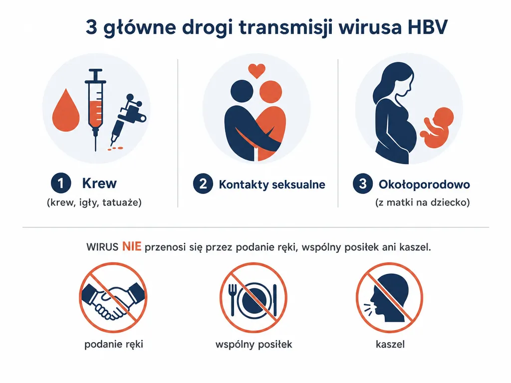 Infografika przedstawiająca trzy główne drogi zakażenia WZW B: krew, kontakty seksualne i przeniesienie okołoporodowe