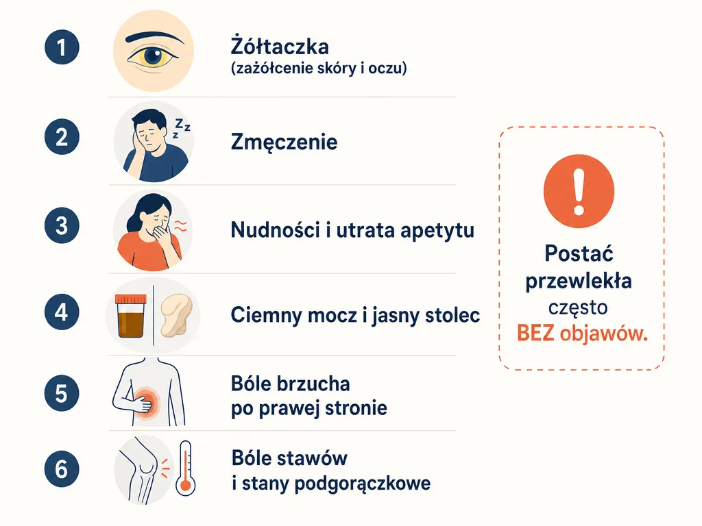 Wizualna lista objawów ostrego WZW B: żółtaczka, zmęczenie, ciemny mocz, bóle brzucha i stawów