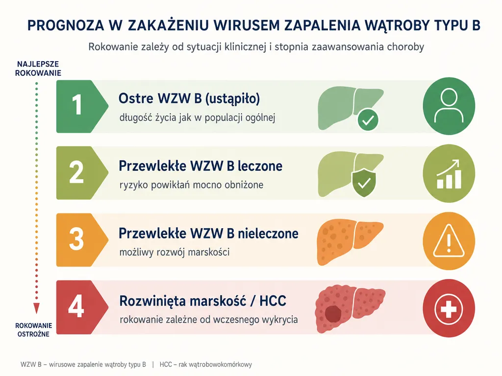 Infografika porównująca rokowania w WZW B w czterech sytuacjach klinicznych od postaci ostrej po rozwiniętą marskość