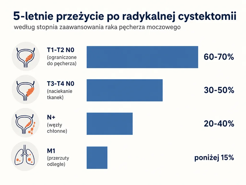 Wykres słupkowy porównujący 5-letnie przeżycie po cystektomii według stadium nowotworu