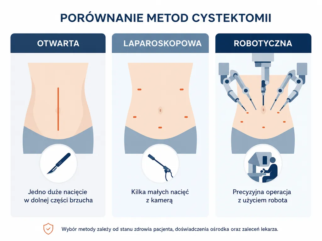 Infografika porównująca trzy metody cystektomii: otwartą, laparoskopową i robotyczną