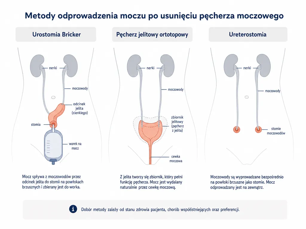 Diagram trzech metod odprowadzania moczu po usunięciu pęcherza: Bricker, pęcherz ortotopowy, ureterostomia