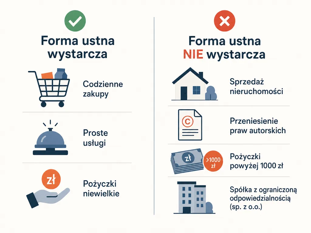 Infografika pokazująca kiedy umowa ustna wystarcza, a kiedy wymagana jest forma pisemna lub akt notarialny