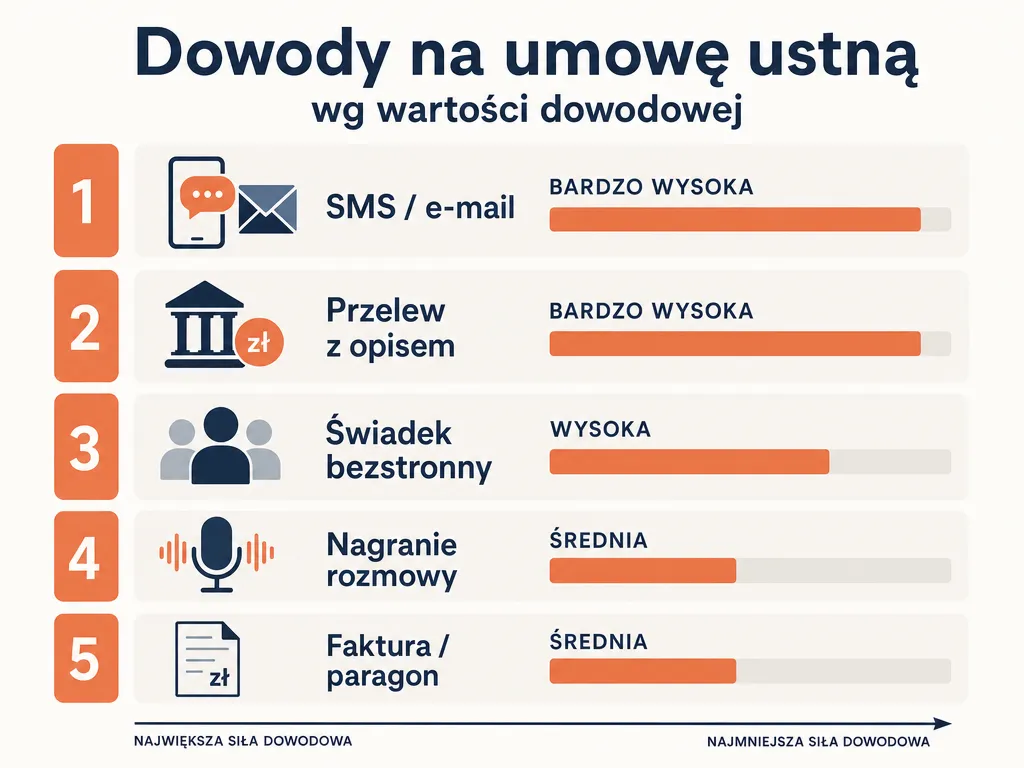 Infografika rankingu dowodów na zawarcie umowy ustnej według wartości dowodowej