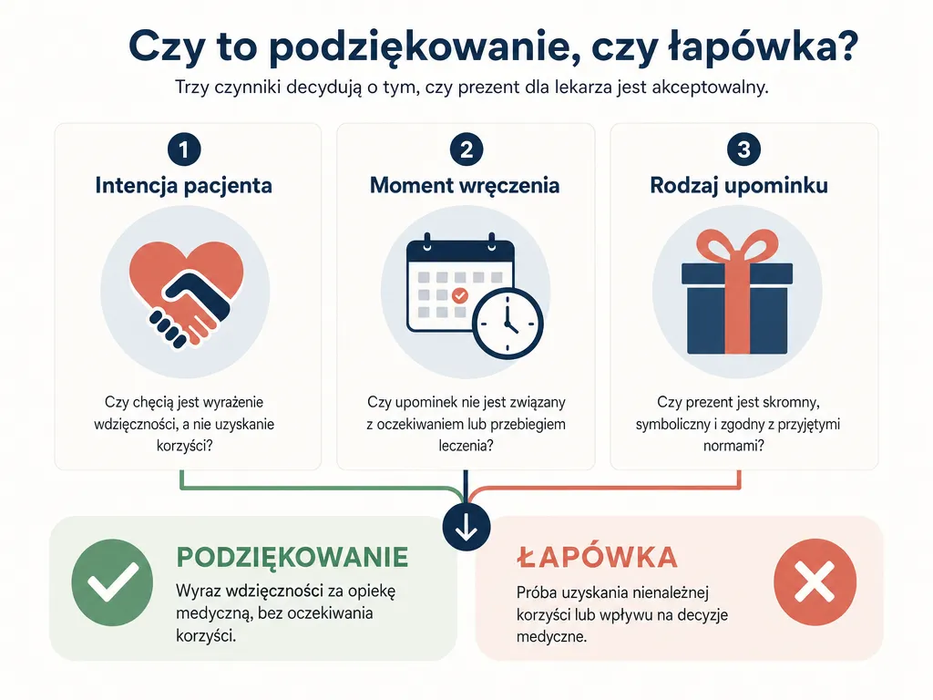Infografika przedstawiająca trzy czynniki oceny prezentu dla lekarza: intencję, moment wręczenia i rodzaj upominku