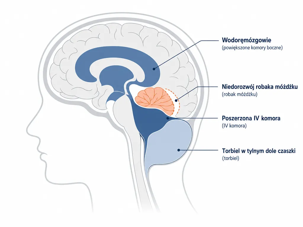 Diagram anatomiczny mozgu pokazujacy cechy zespolu Dandy-Walkera: niedorozwoj robaka mozdzku, poszerzenie IV komory, torbiel i wodoglowie