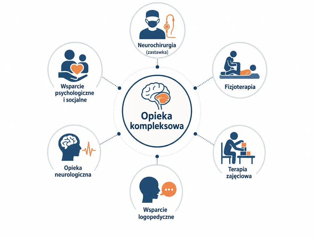 Infografika przedstawiajaca skladniki kompleksowej opieki nad pacjentem z zespolem Dandy-Walkera
