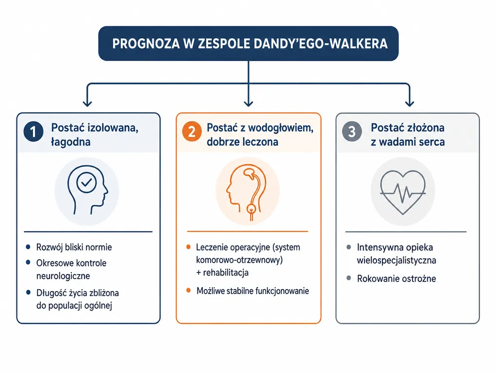 Diagram trzech scenariuszy przebiegu zespolu Dandy-Walkera i ich wplywu na rokowanie
