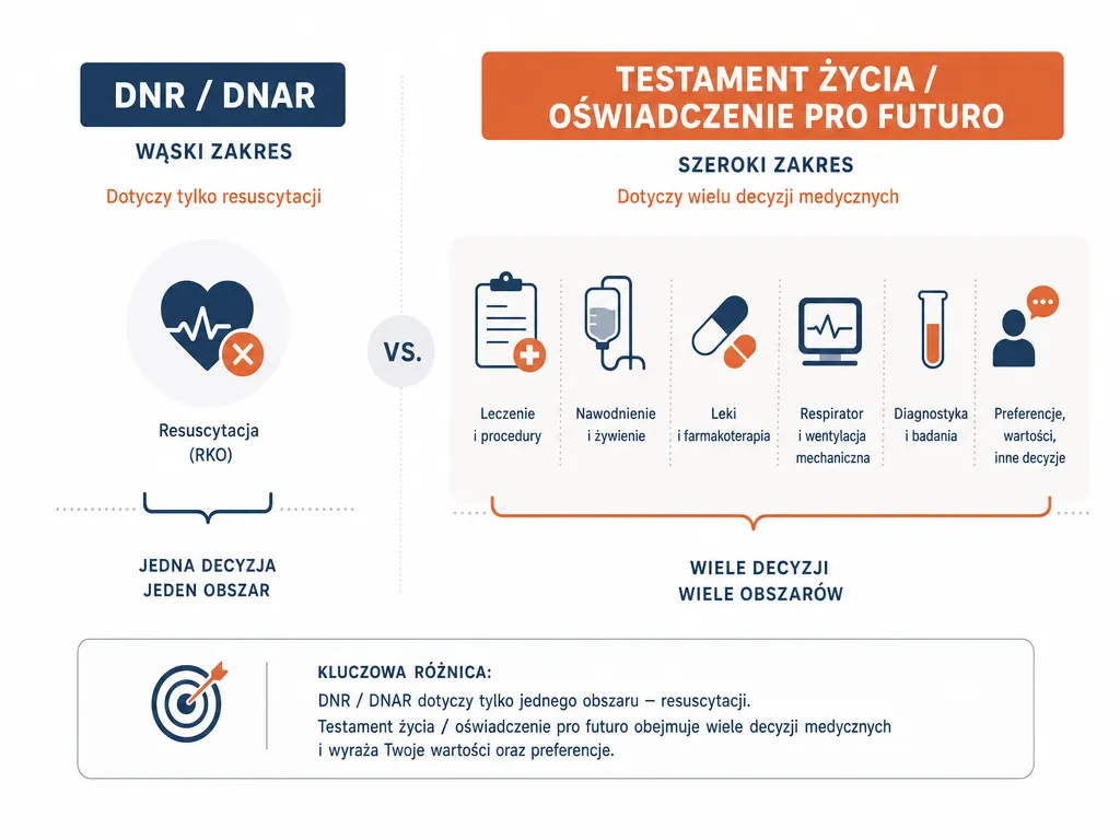 Infografika porównująca zakres oświadczenia DNR z testamentem życia i oświadczeniem pro futuro