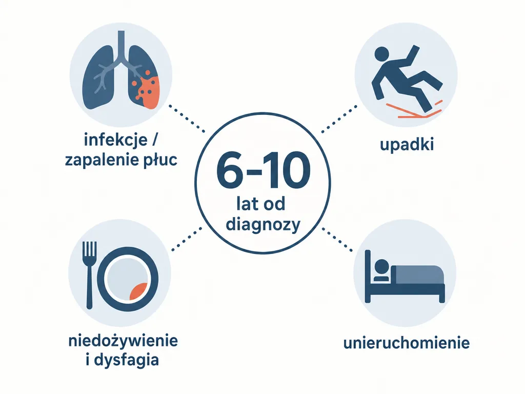 Infografika przedstawiająca główne powikłania skracające życie w otępieniu czołowo-skroniowym i średnią długość życia 6-10 lat