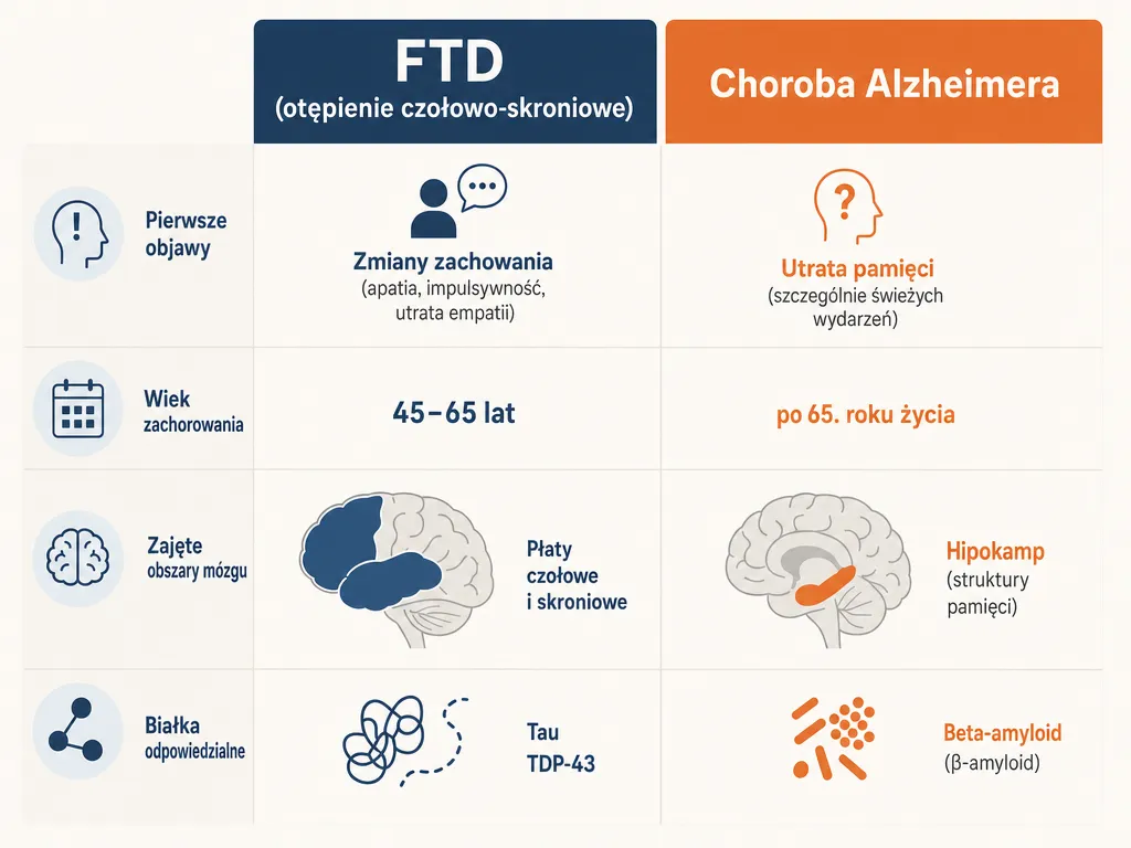 Infografika porównująca otępienie czołowo-skroniowe FTD z chorobą Alzheimera pod względem objawów, wieku, obszarów mózgu i białek