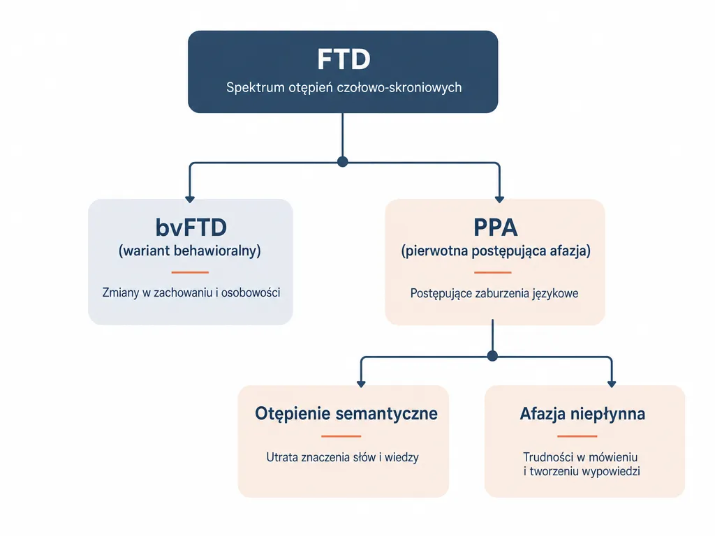Diagram drzewa wariantów FTD: bvFTD oraz PPA z podtypami otępienie semantyczne i afazja niepłynna