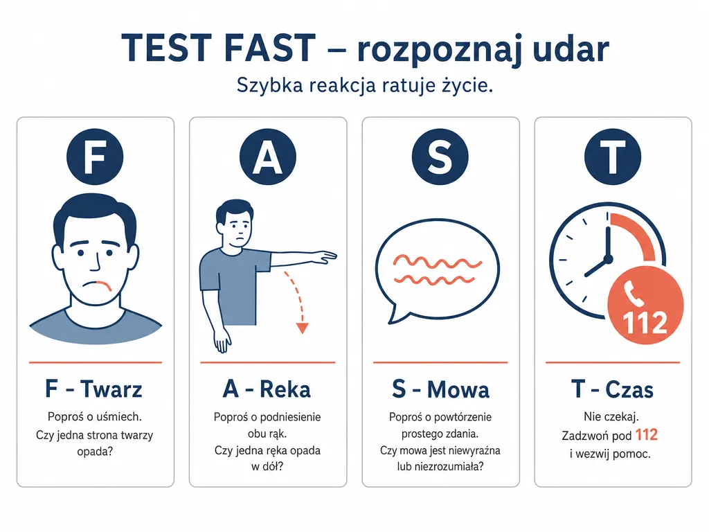 Infografika przedstawiajaca test FAST do rozpoznawania udaru: twarz, reka, mowa, czas