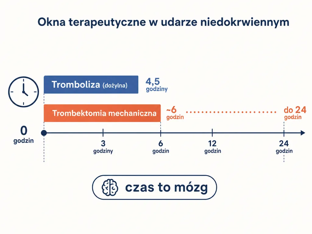 Diagram osi czasu okien terapeutycznych: tromboliza do 4,5h i trombektomia do 6h