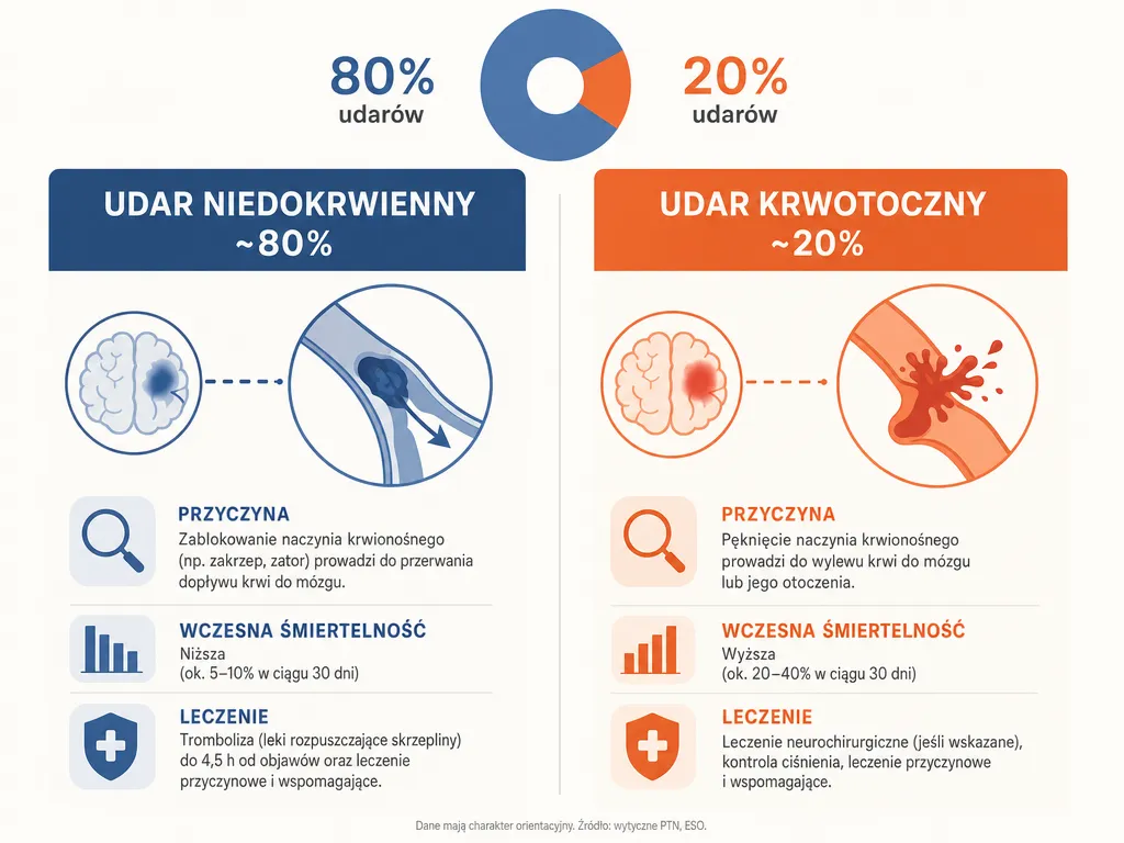 Infografika porownujaca udar niedokrwienny i krwotoczny wraz z ich udzialem procentowym