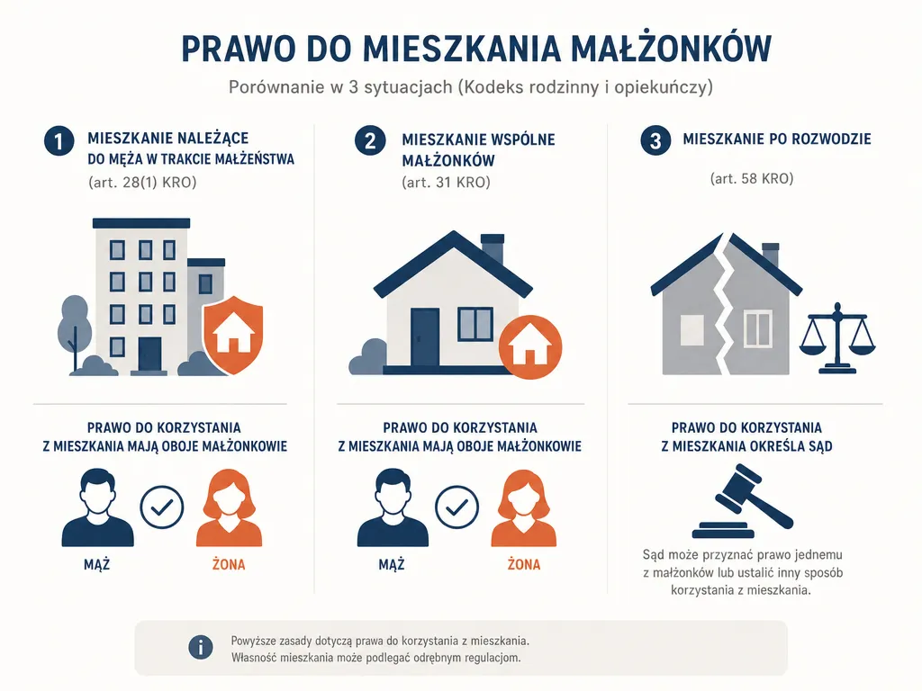 Infografika porównująca prawo małżonków do mieszkania w trzech sytuacjach: własność męża, wspólność majątkowa, po rozwodzie