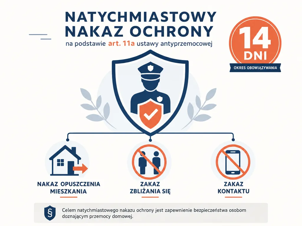 Infografika przedstawiająca środki ochrony z art. 11a: nakaz opuszczenia mieszkania, zakaz zbliżania i kontaktu, czas 14 dni