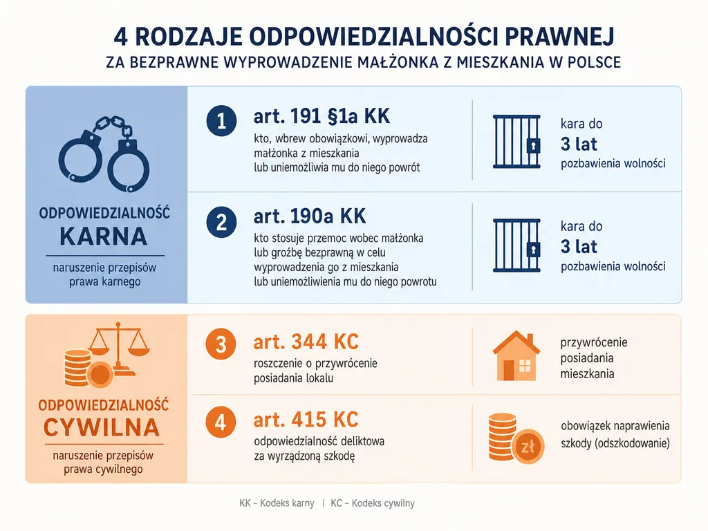 Infografika czterech podstaw odpowiedzialności karnej i cywilnej męża za bezprawną eksmisję żony