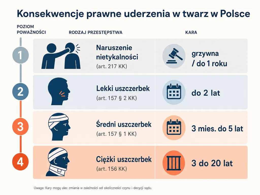 Infografika porownujaca kary za uderzenie w twarz wedlug stopnia obrazen i podstawy prawnej