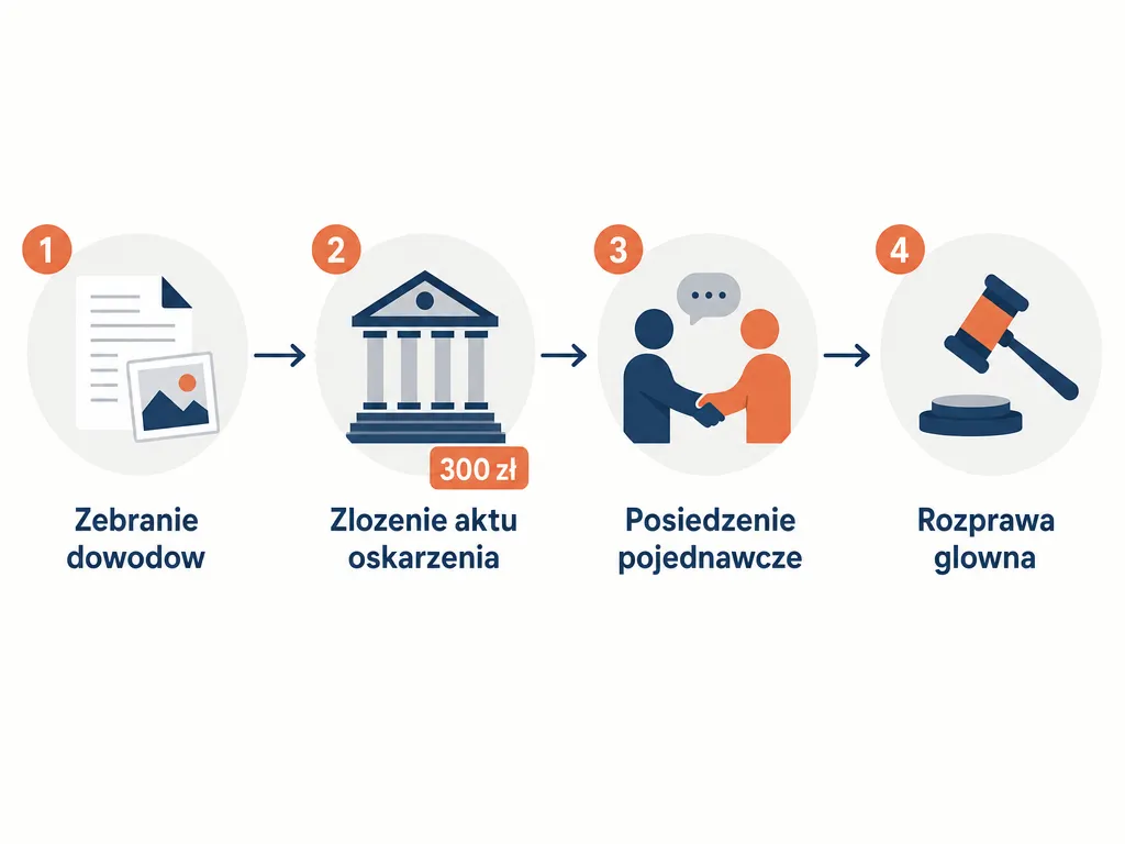 Diagram czterech krokow wnoszenia prywatnego aktu oskarzenia: dowody, akt oskarzenia, posiedzenie pojednawcze, rozprawa