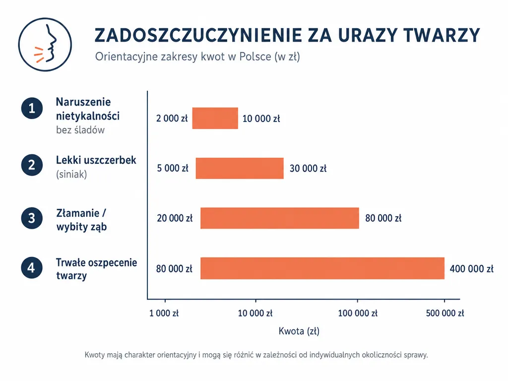 Wykres slupkowy widelek zadoszczuczynienia za obrazenia twarzy od 2000 zl do 400000 zl