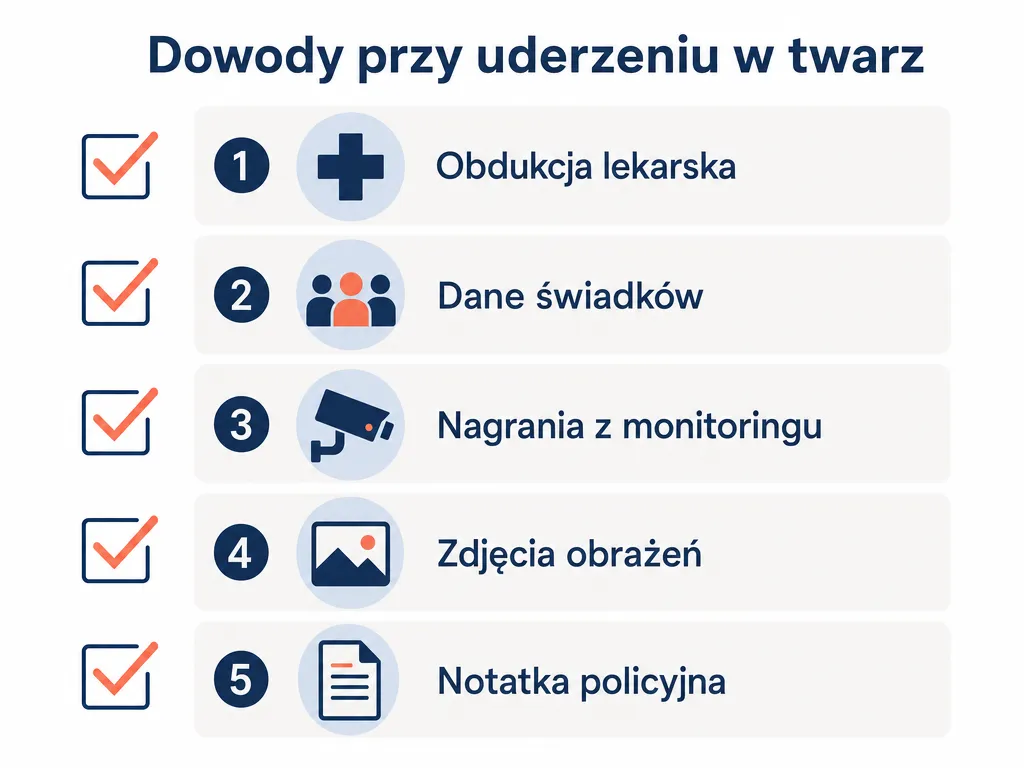 Wizualna checklista pieciu dowodow przy uderzeniu w twarz: obdukcja, swiadkowie, nagrania, zdjecia, notatka policyjna