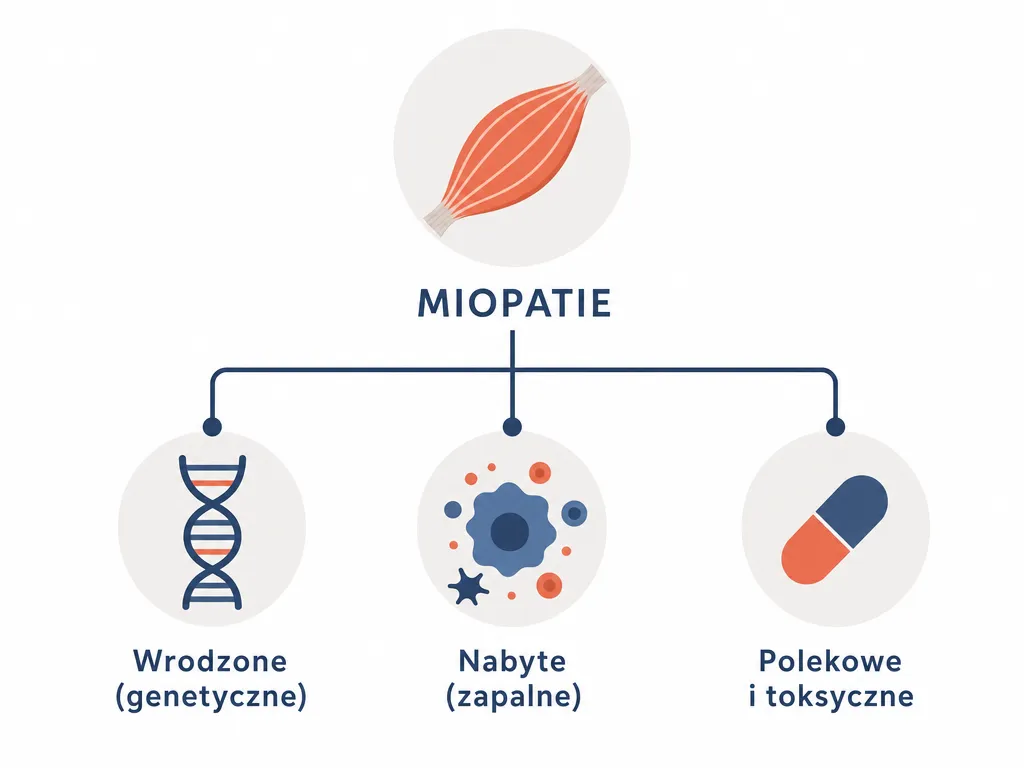 Diagram trzech głównych rodzajów miopatii: wrodzone, nabyte zapalne oraz polekowe i toksyczne