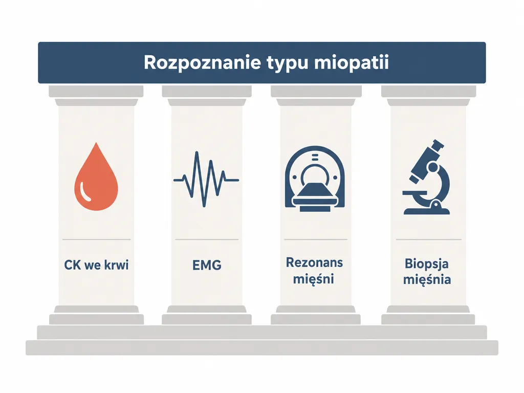 Infografika czterech filarów diagnostyki miopatii: badanie CK, EMG, rezonans mięśni i biopsja
