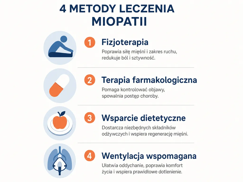 Infografika czterech metod leczenia miopatii: fizjoterapia, farmakoterapia, dieta i wentylacja wspomagana
