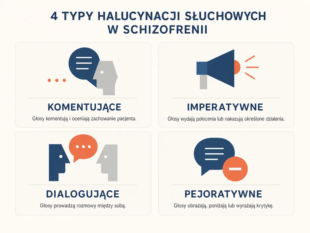 Infografika czterech typów omamów słuchowych w schizofrenii