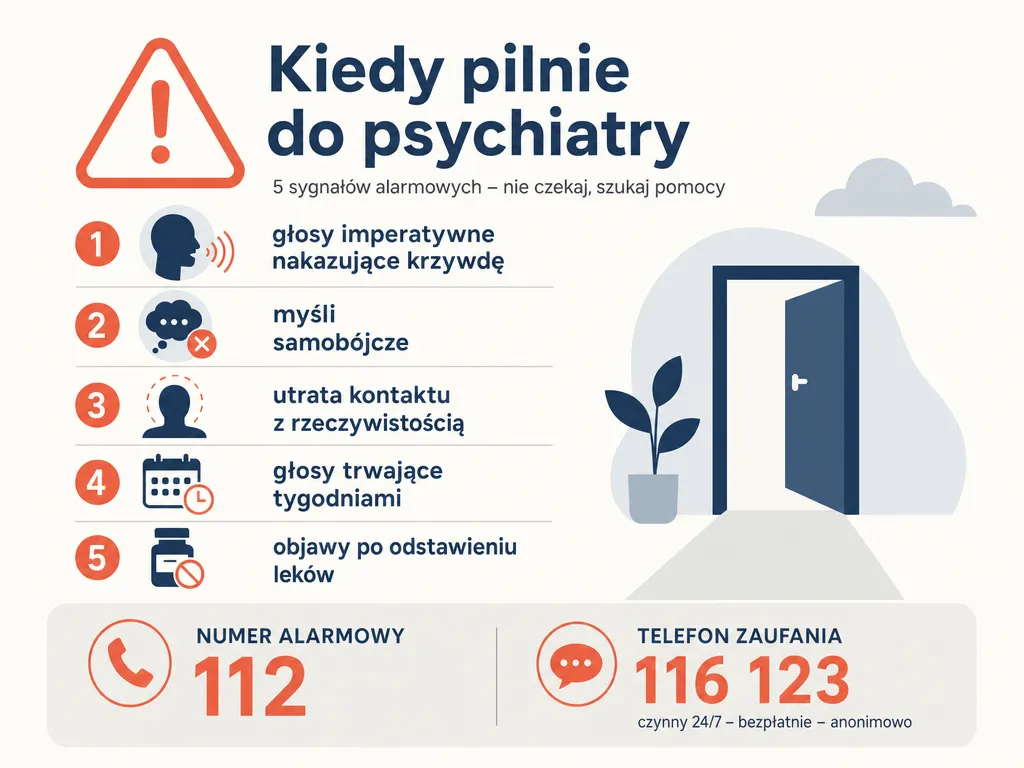 Infografika z sygnałami alarmowymi wymagającymi pilnej wizyty u psychiatry i numerami 112 oraz 116 123