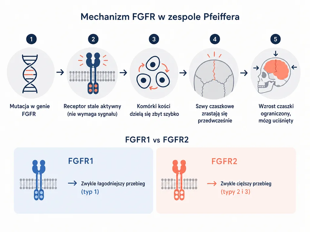 Diagram mechanizmu mutacji genu FGFR prowadzącej do przedwczesnego zrośnięcia szwów czaszkowych