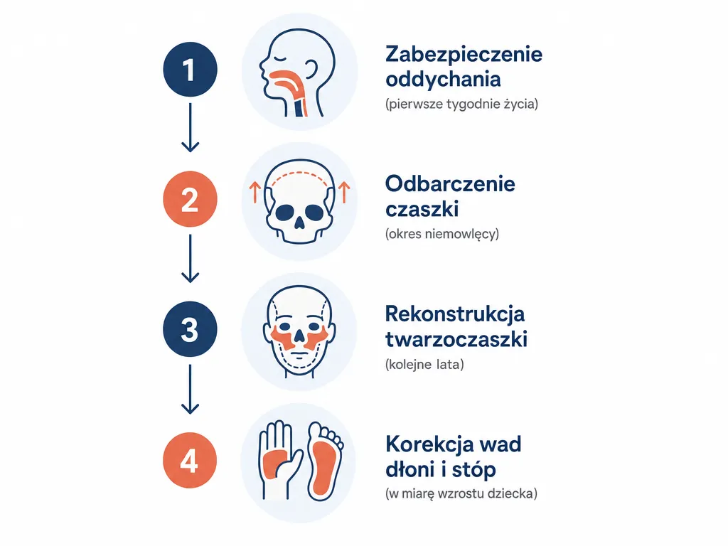 Diagram czterech etapów leczenia zespołu Pfeiffera w kolejności priorytetów