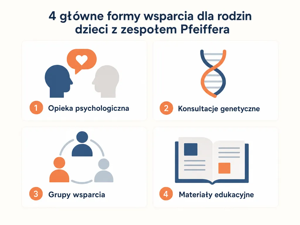 Infografika przedstawiająca cztery formy wsparcia dla rodzin dzieci z zespołem Pfeiffera