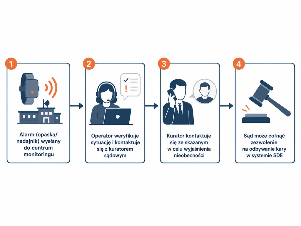 Diagram przedstawiający przebieg reakcji na naruszenie zasad dozoru elektronicznego: alarm, operator, kurator, uchylenie zezwolenia