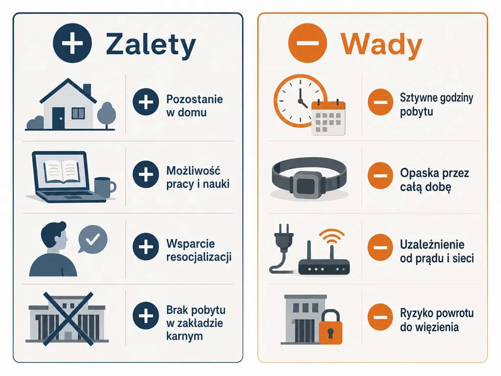 Infografika zestawiająca zalety i wady dozoru elektronicznego w dwóch kolumnach