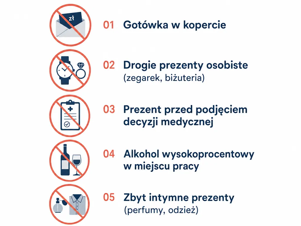 Wizualna lista pięciu rzeczy, których należy unikać wręczając prezent lekarzowi