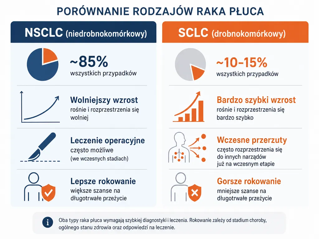 Infografika porównująca dwa typy raka płuc NSCLC i SCLC pod względem częstości, tempa wzrostu i rokowania