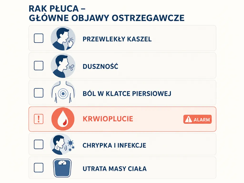 Wizualna lista objawów ostrzegawczych raka płuc z ikonami