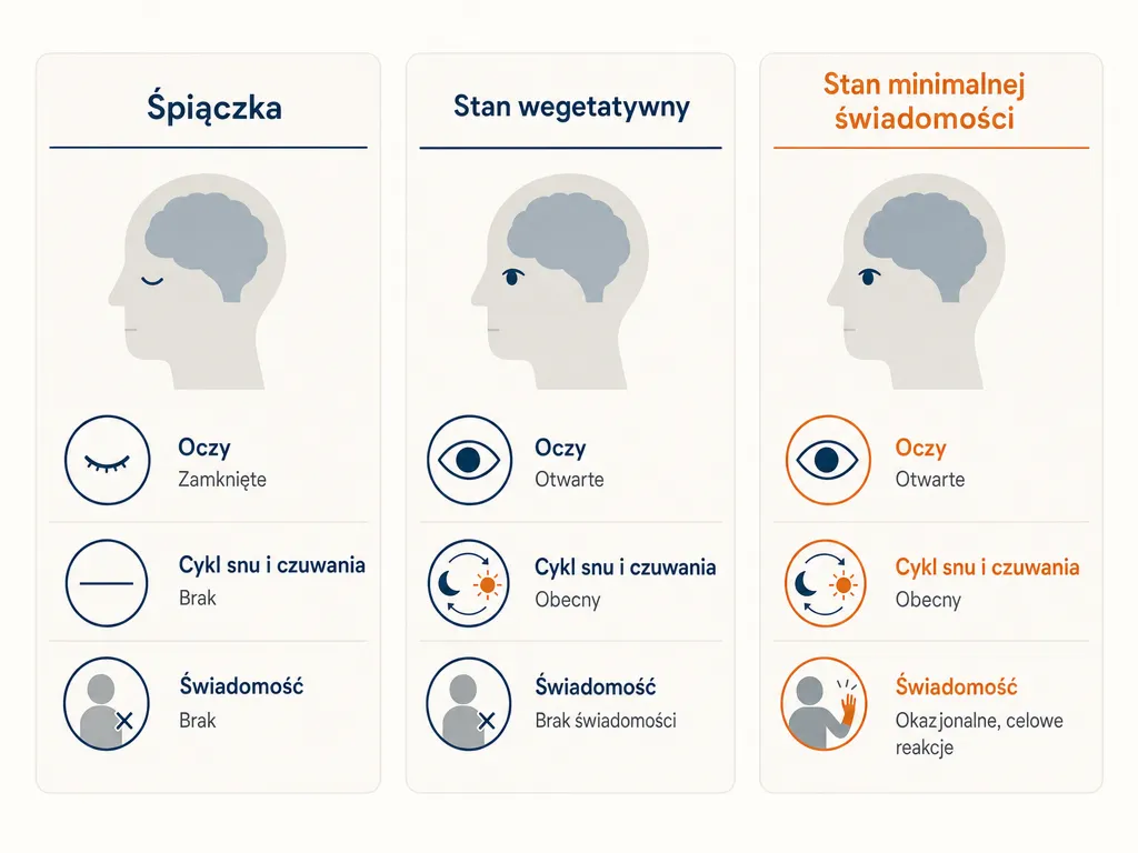 Diagram porównujący stan wegetatywny ze śpiączką i stanem minimalnej świadomości