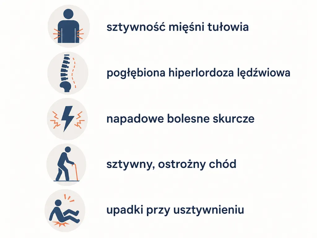Infografika prezentująca pięć głównych objawów zespołu sztywnego człowieka z ikonami