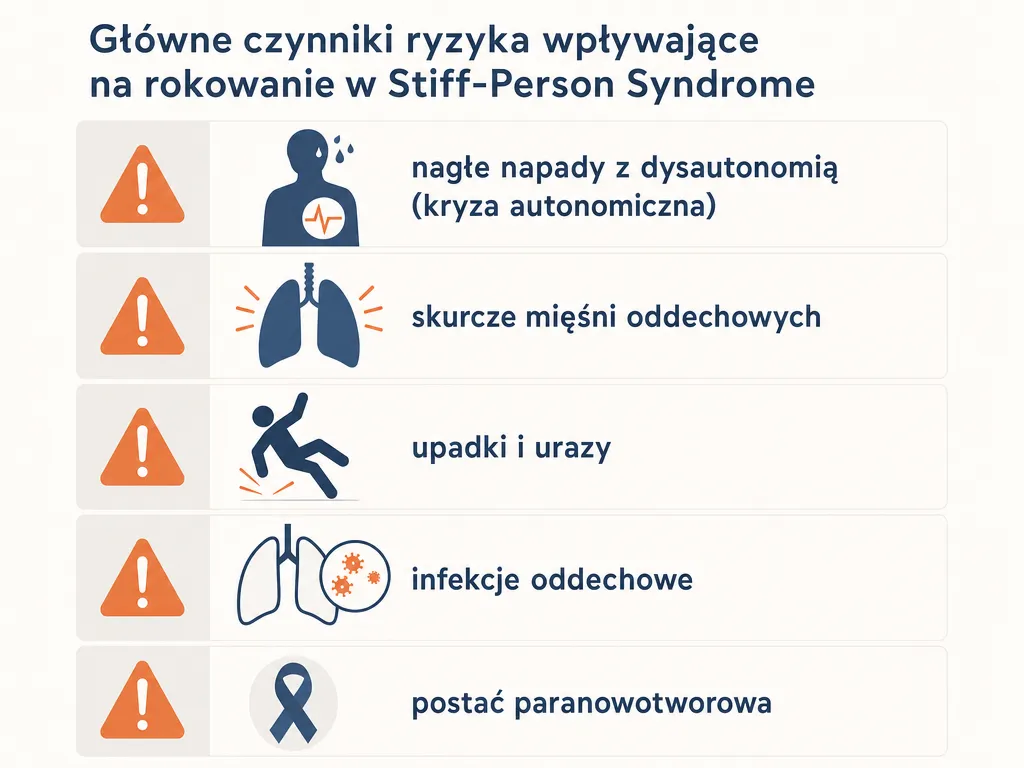 Infografika przedstawiająca główne zagrożenia wpływające na rokowanie w zespole sztywnego człowieka