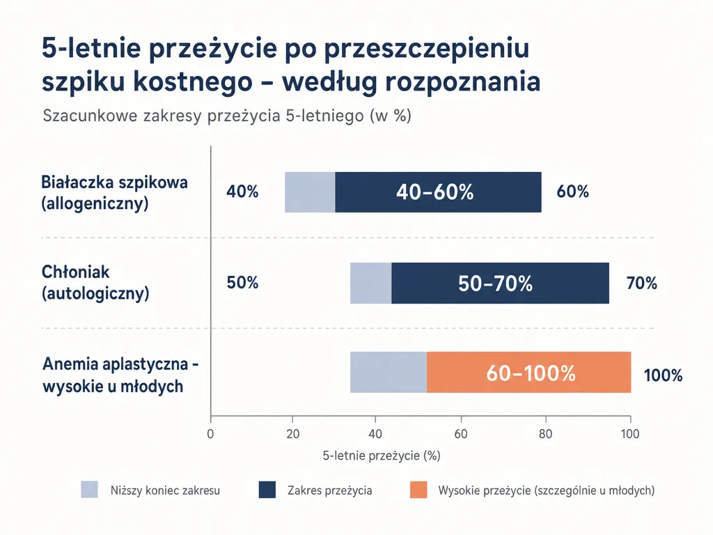 Wykres słupkowy orientacyjnego 5-letniego przeżycia po przeszczepie szpiku według rozpoznania