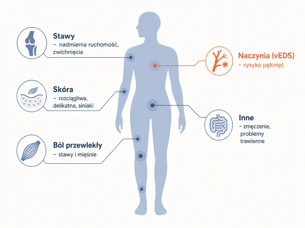 Diagram sylwetki ciała z objawami zespołu Ehlersa-Danlosa według obszaru: stawy, skóra, naczynia, ból