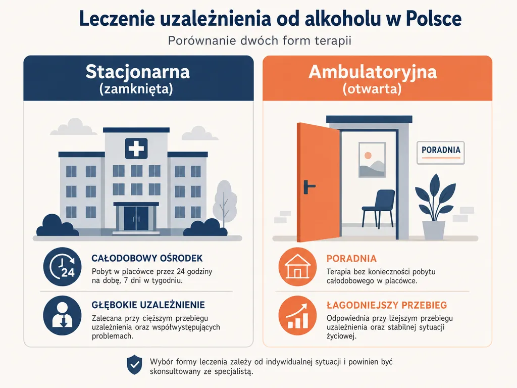 Infografika porównująca stacjonarną i ambulatoryjną formę leczenia odwykowego
