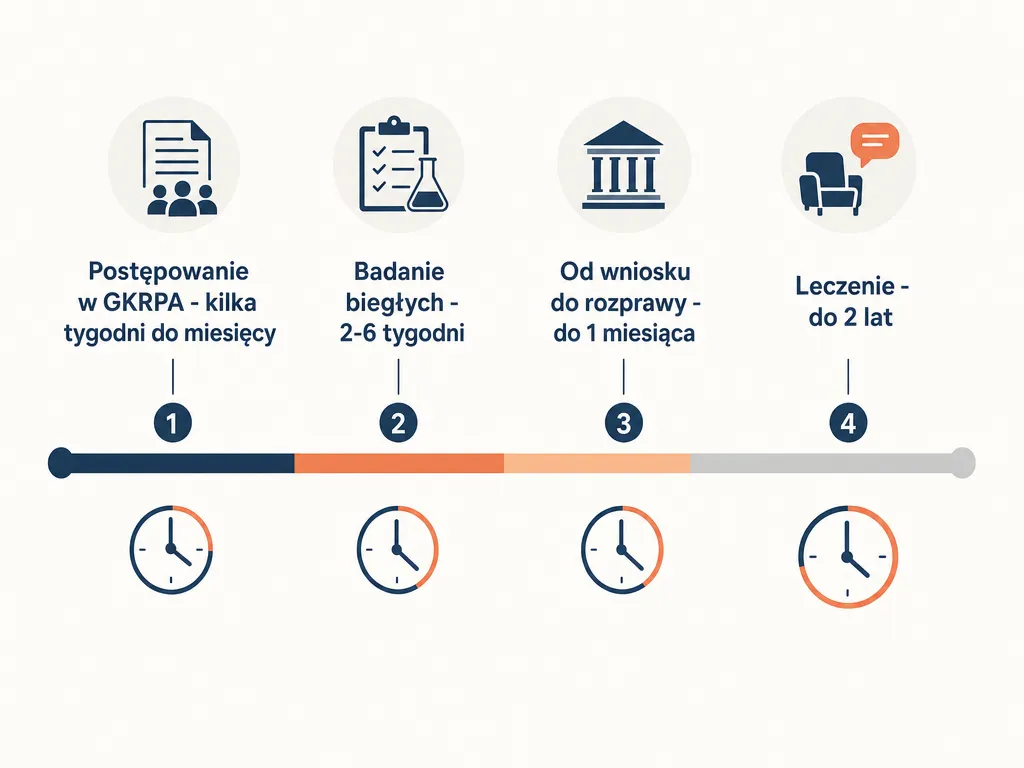 Oś czasu pokazująca orientacyjny czas trwania poszczególnych etapów procedury przymusowego leczenia
